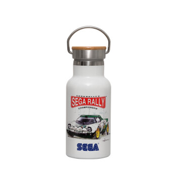 SEGA RALLY 2, Μεταλλικό παγούρι θερμός (Stainless steel) Λευκό με ξύλινο καπακι (bamboo), διπλού τοιχώματος, 350ml