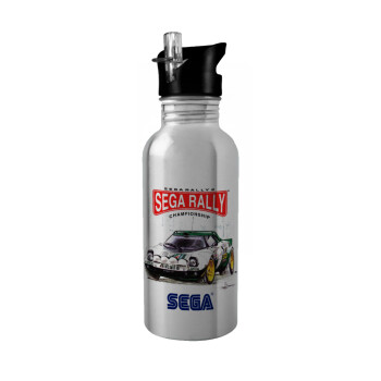 SEGA RALLY 2, Water bottle Silver with straw, stainless steel 600ml