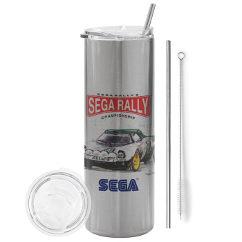 SEGA RALLY 2, Eco friendly ποτήρι θερμό Ασημένιο (tumbler) από ανοξείδωτο ατσάλι 600ml, με μεταλλικό καλαμάκι & βούρτσα καθαρισμού