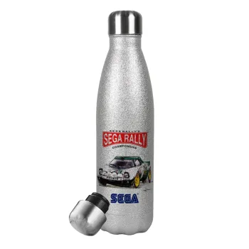 SEGA RALLY 2, Μεταλλικό παγούρι θερμός Glitter Aσημένιο (Stainless steel), διπλού τοιχώματος, 500ml