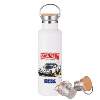 SEGA RALLY 2, Μεταλλικό παγούρι θερμός (Stainless steel) Λευκό με ξύλινο καπάκι (bamboo), διπλού τοιχώματος, 750ml