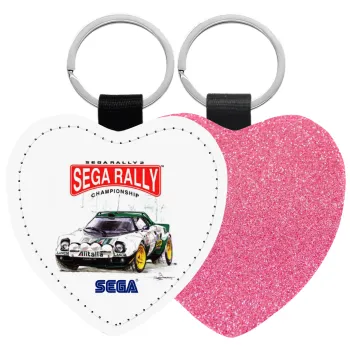 SEGA RALLY 2, Μπρελόκ PU δερμάτινο glitter καρδιά ΡΟΖ