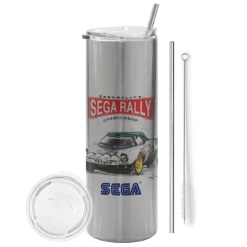 SEGA RALLY 2, Tumbler ποτήρι θερμό Ασημένιο από ανοξείδωτο ατσάλι 600ml, με μεταλλικό καλαμάκι & βούρτσα καθαρισμού