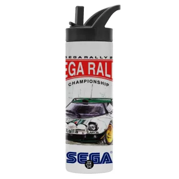 SEGA RALLY 2, Μεταλλικό παγούρι θερμός με καλαμάκι & χειρολαβή, ανοξείδωτο ατσάλι (Stainless steel 304), διπλού τοιχώματος, 600ml