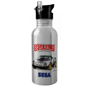 SEGA RALLY 2, Water bottle Silver with straw, stainless steel 600ml