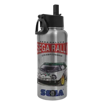 SEGA RALLY 2, Μεταλλικό παγούρι θερμός Silver με καλαμάκι και χερούλι (Stainless steel), διπλού τοιχώματος, 950ml