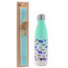 Easter Set, Metallic green/white thermos (Stainless steel), double-walled, 500ml & scented flat Easter candle (30cm) (TURQUOISE)