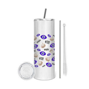 Φτου, φτου, σκόρδα!!!, Tumbler ποτήρι θερμό από ανοξείδωτο ατσάλι 600ml, με μεταλλικό καλαμάκι & βούρτσα καθαρισμού