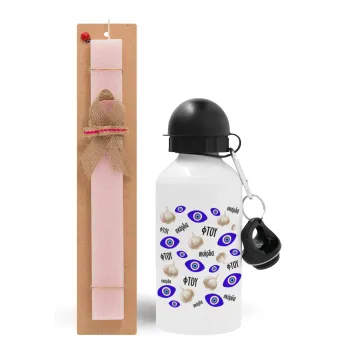 Φτου, φτου, σκόρδα!!!, Easter Set, metallic aluminum bottle (500ml) & aromatic flat Easter candle (30cm) (PINK)