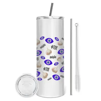 Φτου, φτου, σκόρδα!!!, Tumbler ποτήρι θερμό από ανοξείδωτο ατσάλι 600ml, με μεταλλικό καλαμάκι & βούρτσα καθαρισμού