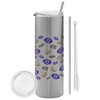 Φτου, φτου, σκόρδα!!!, Tumbler ποτήρι θερμό Ασημένιο από ανοξείδωτο ατσάλι 600ml, με μεταλλικό καλαμάκι & βούρτσα καθαρισμού