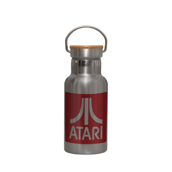 atari, Stainless steel metallic thermos flask, silver with a bamboo lid, double-walled, 350ml.