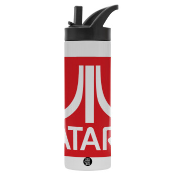 atari, Metallic thermos bottle with straw & handle, stainless steel (Stainless steel 304), double-walled, 600ml.