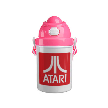 atari, Ροζ παιδικό παγούρι πλαστικό (BPA-FREE) με καπάκι ασφαλείας, κορδόνι και καλαμάκι, 400ml