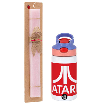 atari, Easter Set, Children's thermal stainless steel water bottle with safety straw, pink/purple (350ml) & Easter scented flat candle (30cm) (PINK)