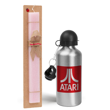 atari, Easter Set, metallic Silver aluminum water bottle (500ml) & scented flat Easter candle (30cm) (PINK)
