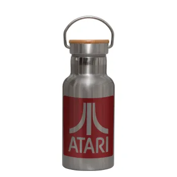 atari, Μεταλλικό παγούρι θερμός (Stainless steel) Ασημένιο με ξύλινο καπακι (bamboo), διπλού τοιχώματος, 350ml