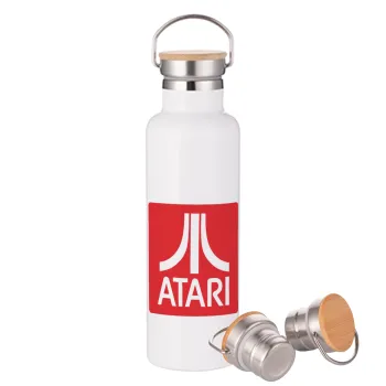 atari, Μεταλλικό παγούρι θερμός (Stainless steel) Λευκό με ξύλινο καπάκι (bamboo), διπλού τοιχώματος, 750ml