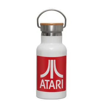 atari, Μεταλλικό παγούρι θερμός (Stainless steel) Λευκό με ξύλινο καπακι (bamboo), διπλού τοιχώματος, 350ml