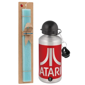 atari, Easter Set, metallic silver aluminum water bottle (500ml) & scented flat Easter candle (30cm) (TURQUOISE)