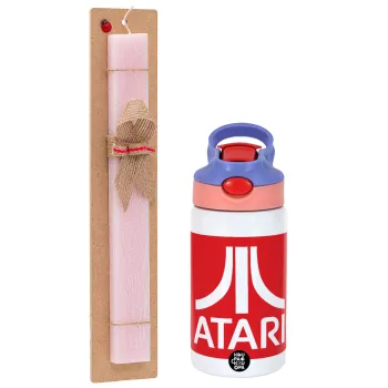 atari, Easter Set, Children's thermal stainless steel water bottle with safety straw, pink/purple (350ml) & Easter scented flat candle (30cm) (PINK)