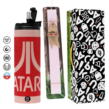 atari, Easter candle,Travel Tumbler 2 Lids, with metal straw & cleaning brush & aromatic flat candle (30cm) (PINK)