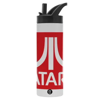 atari, Μεταλλικό παγούρι θερμός με καλαμάκι & χειρολαβή, ανοξείδωτο ατσάλι (Stainless steel 304), διπλού τοιχώματος, 600ml