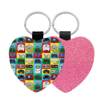 Gaming Controllers, Μπρελόκ PU δερμάτινο glitter καρδιά ΡΟΖ