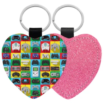 Gaming Controllers, Μπρελόκ PU δερμάτινο glitter καρδιά ΡΟΖ