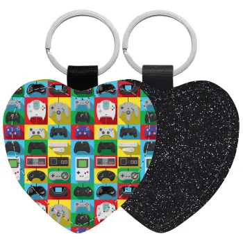 Gaming Controllers, Μπρελόκ PU δερμάτινο glitter καρδιά ΜΑΥΡΟ