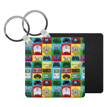 Gaming Controllers, Μπρελόκ Δερματίνη, τετράγωνο ΜΑΥΡΟ (5x5cm)