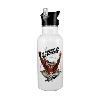 Escape to victory, White water bottle with straw, stainless steel 600ml
