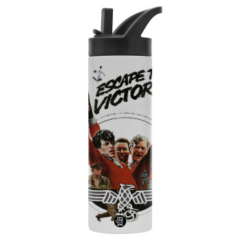 Escape to victory, Μεταλλικό παγούρι θερμός με καλαμάκι & χειρολαβή, ανοξείδωτο ατσάλι (Stainless steel 304), διπλού τοιχώματος, 600ml