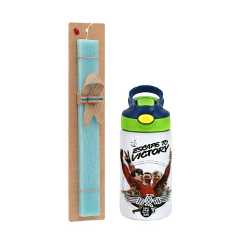 Escape to victory, Easter Set, Children's thermal stainless steel bottle with safety straw, green/blue (350ml) & aromatic flat Easter candle (30cm) (TURQUOISE)