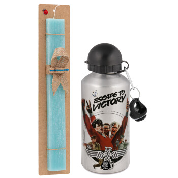 Escape to victory, Easter Set, metallic silver aluminum water bottle (500ml) & scented flat Easter candle (30cm) (TURQUOISE)