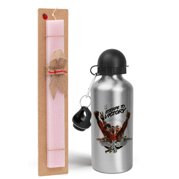 Escape to victory, Easter Set, metallic Silver aluminum water bottle (500ml) & scented flat Easter candle (30cm) (PINK)