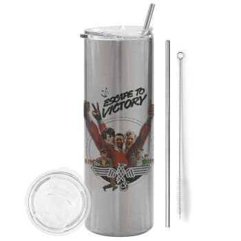 Escape to victory, Eco friendly stainless steel Silver tumbler 600ml, with metal straw & cleaning brush