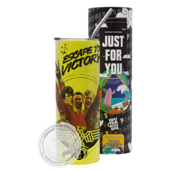 Escape to victory, Neon Yellow Travel Tumbler, with metal straw (Stainless steel 304 Food grade, BPA free, 600ml)