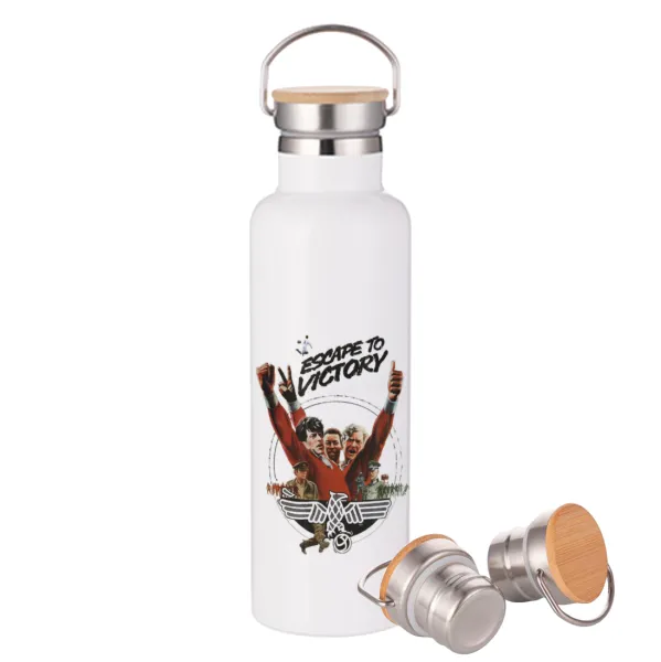 Escape to victory — Μεταλλικό παγούρι θερμός (Stainless steel) Λευκό με ξύλινο καπάκι (bamboo), διπλού τοιχώματος, 750ml