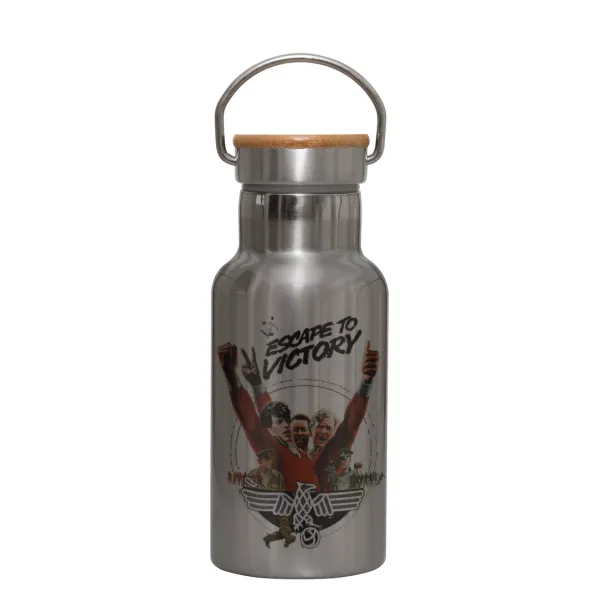 Escape to victory — Stainless steel metallic thermos flask, silver with a bamboo lid, double-walled, 350ml.