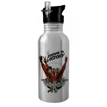 Escape to victory, Water bottle Silver with straw, stainless steel 600ml