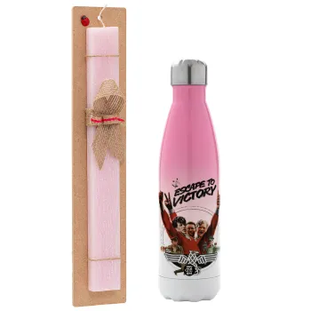 Escape to victory, Easter Set, Metallic pink/white (Stainless steel) thermos, double-walled, 500ml & aromatic flat Easter candle (30cm) (PINK)