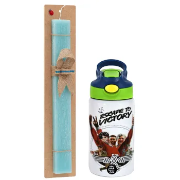 Escape to victory, Easter Set, Children's thermal stainless steel bottle with safety straw, green/blue (350ml) & aromatic flat Easter candle (30cm) (TURQUOISE)