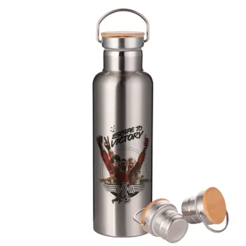 Escape to victory, Μεταλλικό παγούρι θερμός (Stainless steel) Ασημένιο με ξύλινο καπακι (bamboo), διπλού τοιχώματος, 750ml
