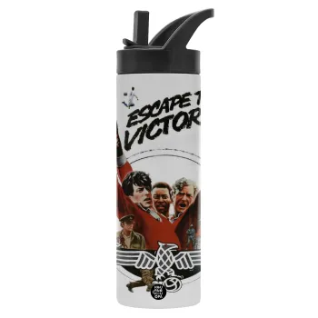 Escape to victory, Μεταλλικό παγούρι θερμός με καλαμάκι & χειρολαβή, ανοξείδωτο ατσάλι (Stainless steel 304), διπλού τοιχώματος, 600ml