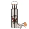 Μεταλλικό παγούρι θερμός (Stainless steel) Ασημένιο με ξύλινο καπακι (bamboo), διπλού τοιχώματος, 750ml