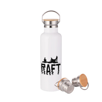 raft, Stainless steel White with wooden lid (bamboo), double wall, 750ml