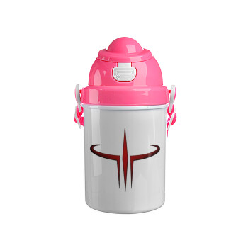 Quake 3 arena, Ροζ παιδικό παγούρι πλαστικό (BPA-FREE) με καπάκι ασφαλείας, κορδόνι και καλαμάκι, 400ml