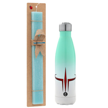 Quake 3 arena, Easter Set, Metallic green/white thermos (Stainless steel), double-walled, 500ml & scented flat Easter candle (30cm) (TURQUOISE)