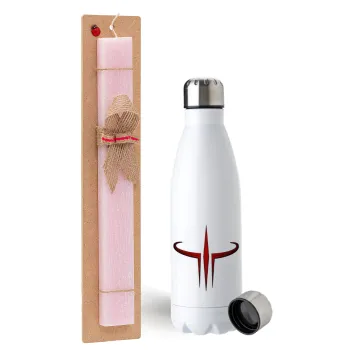 Quake 3 arena, Easter Set, metallic stainless steel water bottle (750ml) & scented flat Easter candle (30cm) (PINK)